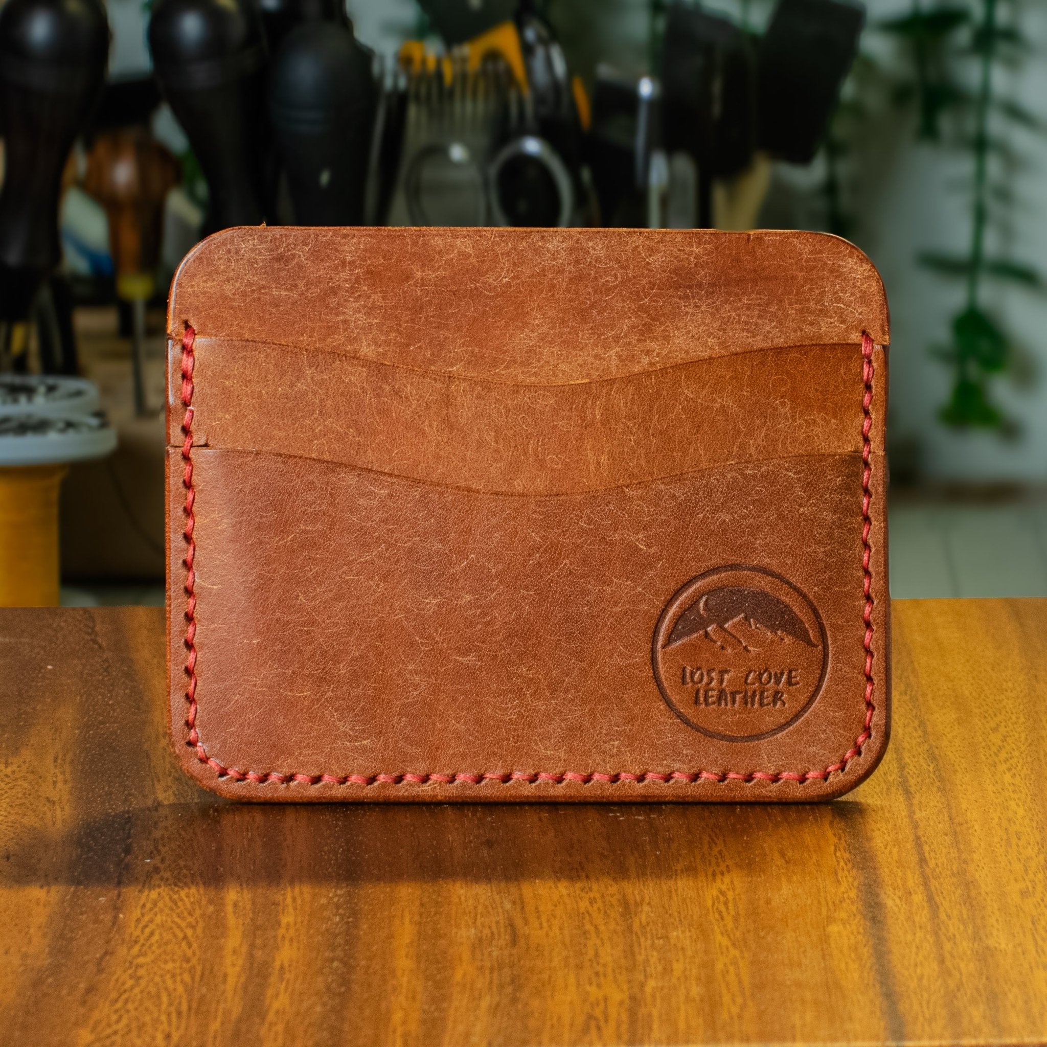 Dogwood Cardholder - Walnut Pueblo - Red Thread - Lost Cove Leather