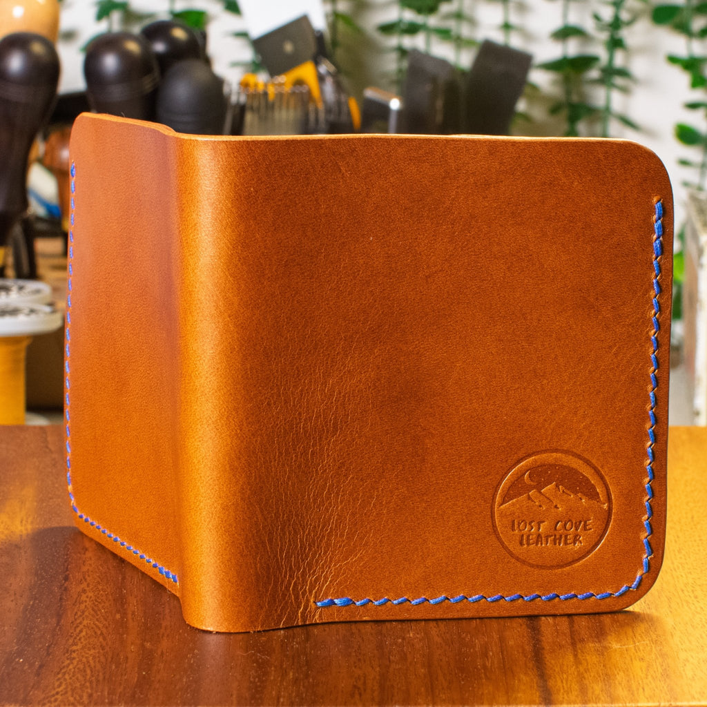 Laurel Vertical Bifold | Cognac Pueblo & Tan Wicket & Craig | Sapphire Blue Thread - Lost Cove Leather
