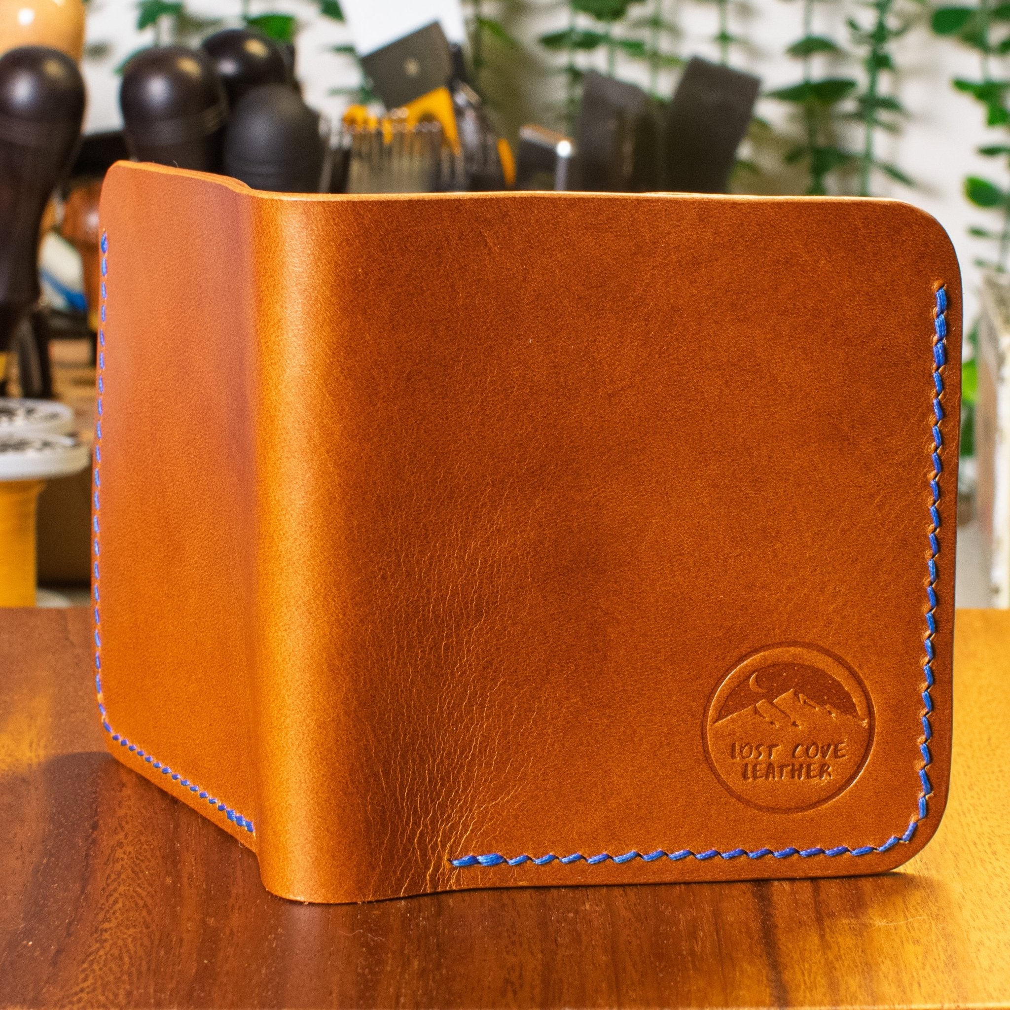 Laurel Vertical Bifold | Cognac Pueblo & Tan Wicket & Craig | Sapphire Blue Thread - Lost Cove Leather