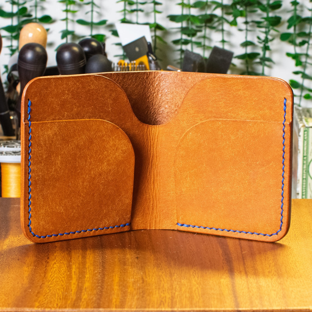 Laurel Vertical Bifold | Cognac Pueblo & Tan Wicket & Craig | Sapphire Blue Thread - Lost Cove Leather