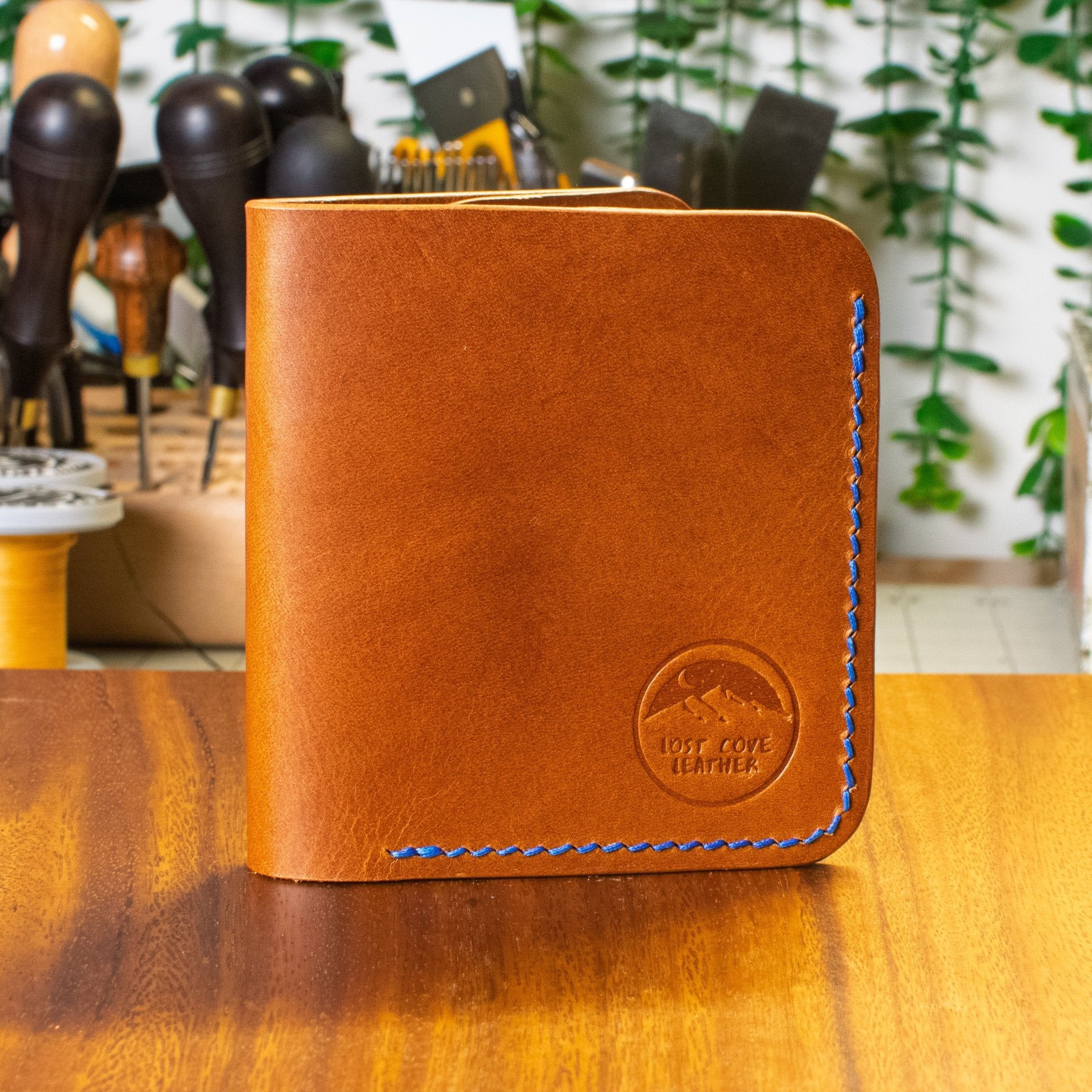 Laurel Vertical Bifold | Cognac Pueblo & Tan Wicket & Craig | Sapphire Blue Thread - Lost Cove Leather