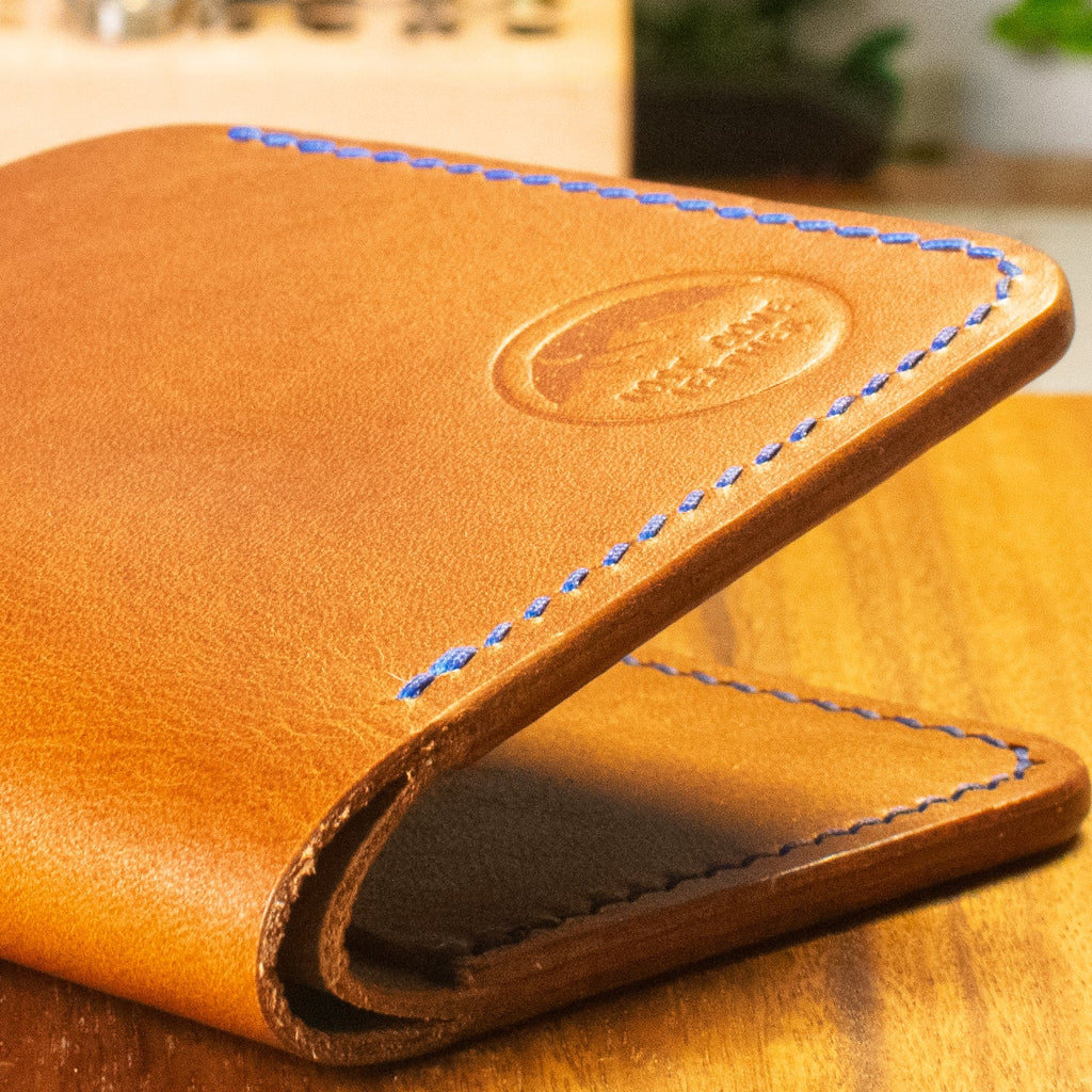 Laurel Vertical Bifold | Cognac Pueblo & Tan Wicket & Craig | Sapphire Blue Thread - Lost Cove Leather